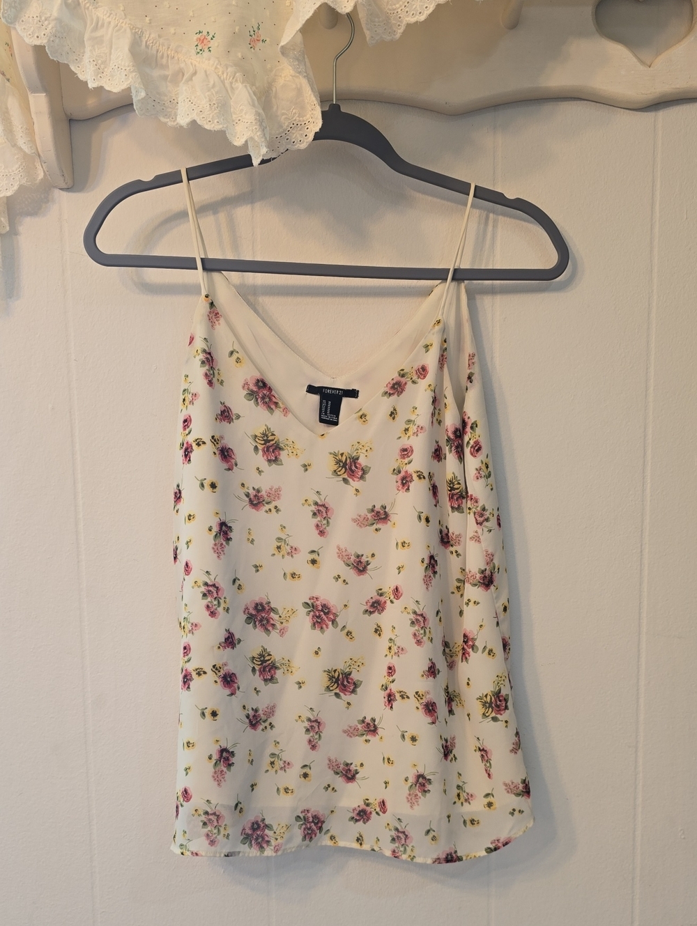 Cream Floral Spaghetti Strap V Neck Cami